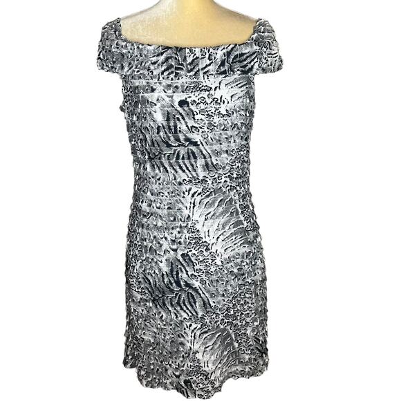 Samuel Dong White Black Snow Leopard Tiered Off Shoulder Dress Large EUC - Picture 1 of 9